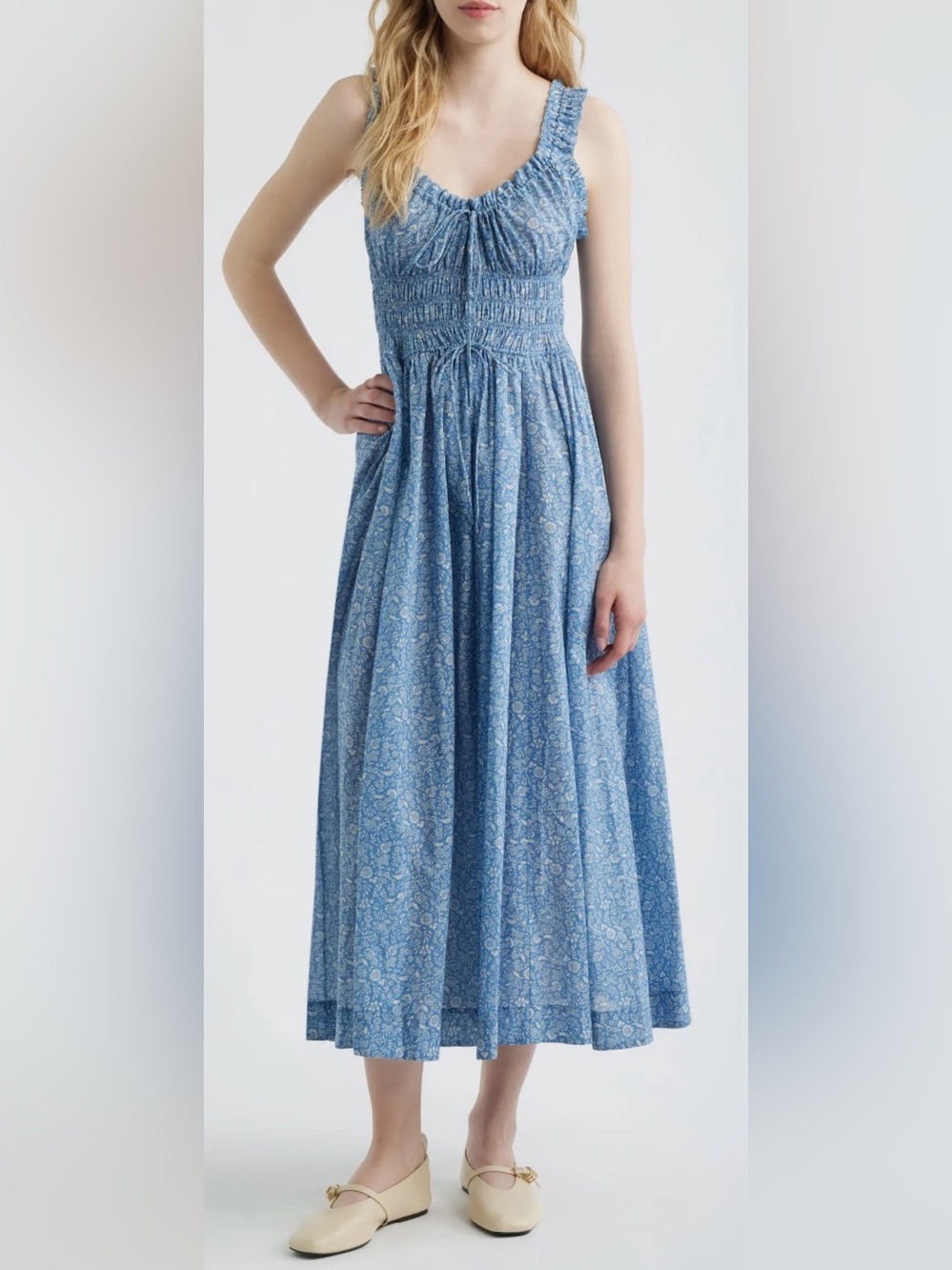 NEW DÔEN Ditsy Floral Organic Cotton Smocked Midi Blue Garden Bloom Dress sz XS